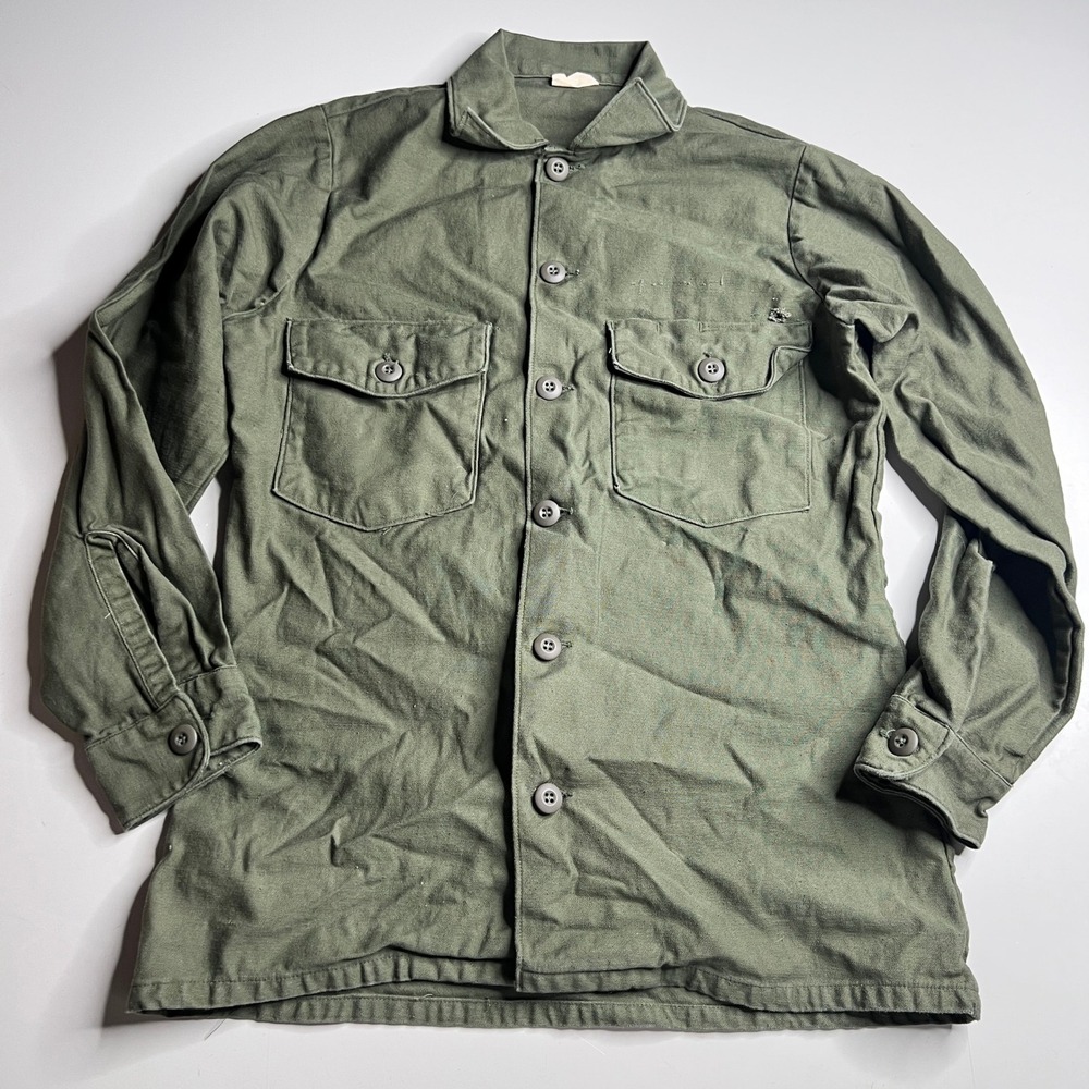 Vintage 80s US Military‎ OG-507 Utility Shirt Olive Drab Green 14.5 x 31 Small